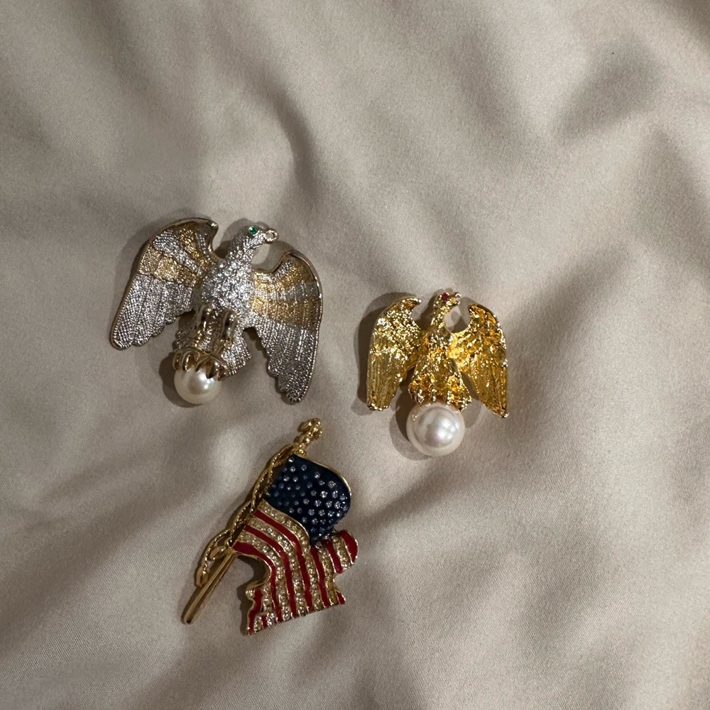 Patriotic Eagle and Flag Brooch Trio